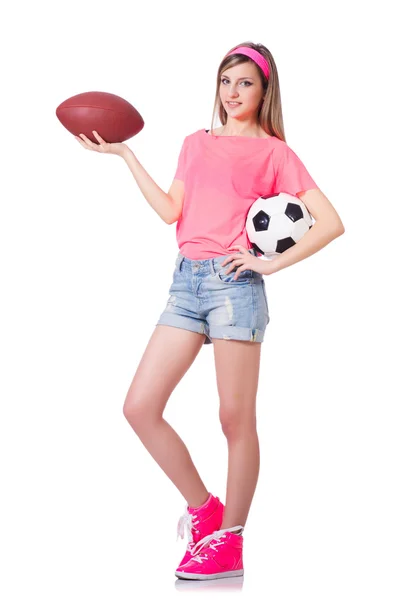 Woman with football on white — Stock Photo, Image