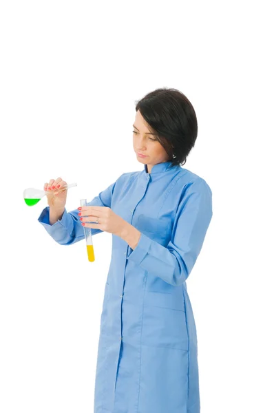 Química femenina en estudio sobre blanco — Foto de Stock