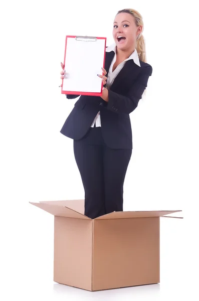 Woman with paper pad out of box — Stock Photo, Image