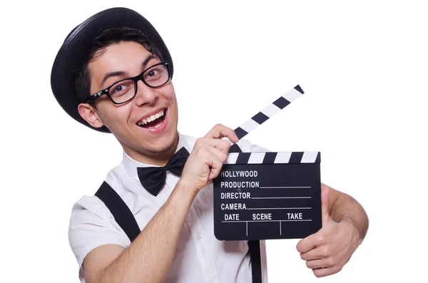 Hombre divertido con el tablero de la película — Foto de Stock