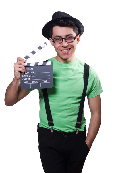 Homem engraçado com placa de filme — Fotografia de Stock