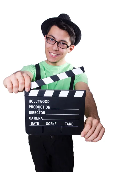 Hombre divertido con el tablero de la película — Foto de Stock