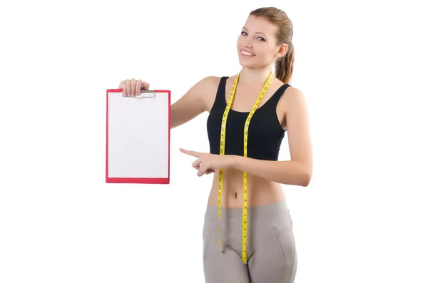 Frau mit Zentimeter und Papierbinder — Stockfoto