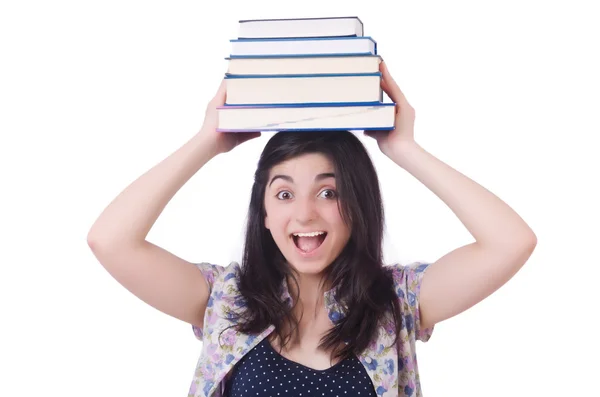 Young female student with books on white — Stock Photo, Image