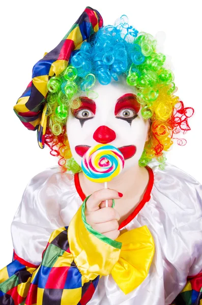 Clown with lollipops isolated on white — Stock Photo, Image