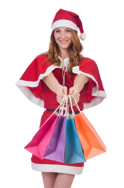 Jeune femme en costume de Père Noël rouge sur blanc — Photo