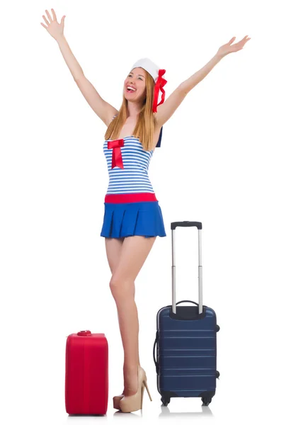 Woman travel attendant with suitcase — Stock Photo, Image