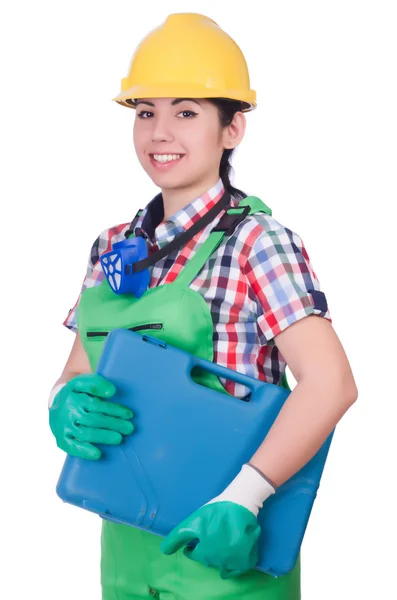 Young woman in green coveralls — Stock Photo, Image