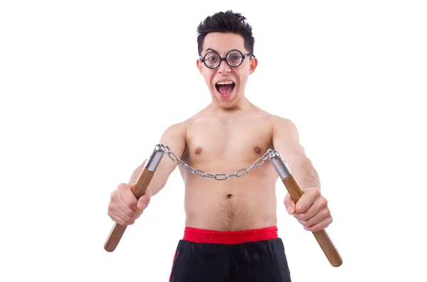 Lustiger Typ mit Nunchucks — Stockfoto