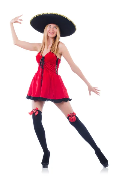 Model in red dress wearing sombrero — Stock Photo, Image