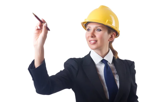 Woman builder pressing virtual buttons Stock Image