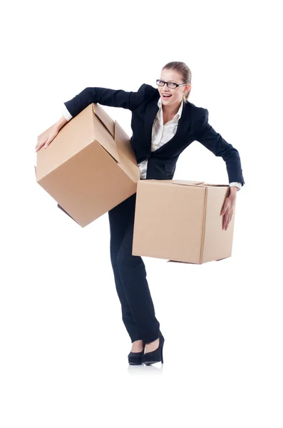 Businesswoman with boxes — Stock Photo, Image