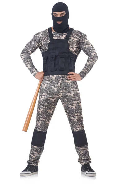 Voják s baseballovou pálkou — Stock fotografie
