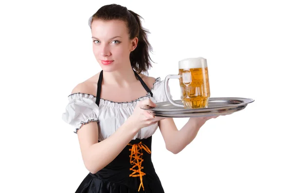 Молодая официантка с пивом — стоковое фото