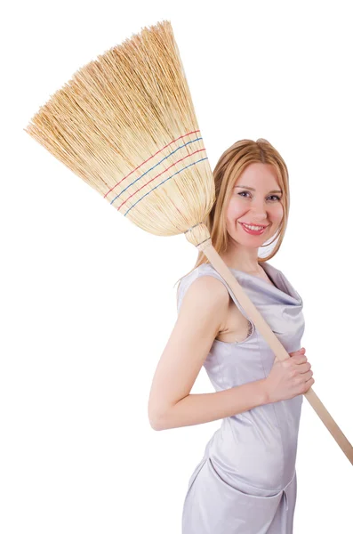 Young woman with broom — Stock Photo, Image