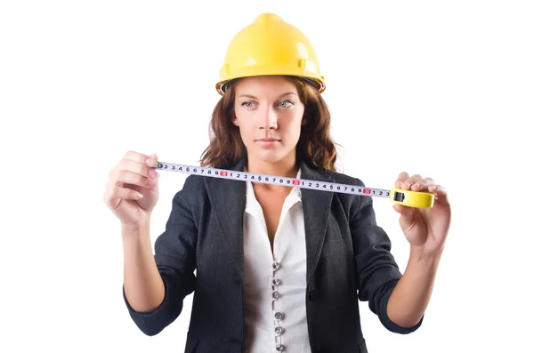 Mulher construtor com fita métrica — Fotografia de Stock