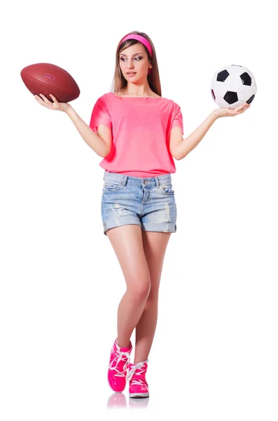 Woman with football on white — Stock Photo, Image