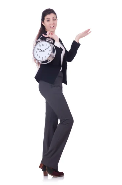 Femme d'affaires avec horloge isolée sur blanc — Photo