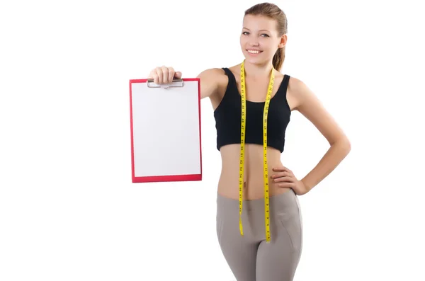 Frau mit Zentimeter und Papierbinder — Stockfoto