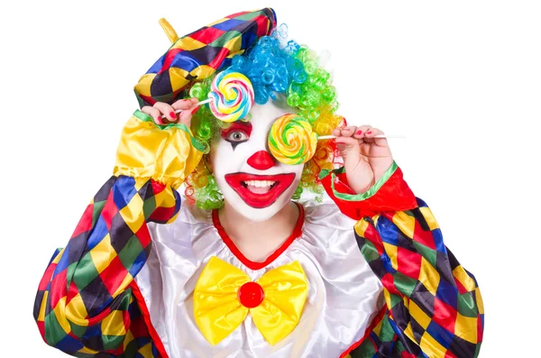 Clown con lecca-lecca isolato su bianco — Foto Stock