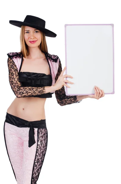 Female toreador with blank board — Stock Photo, Image