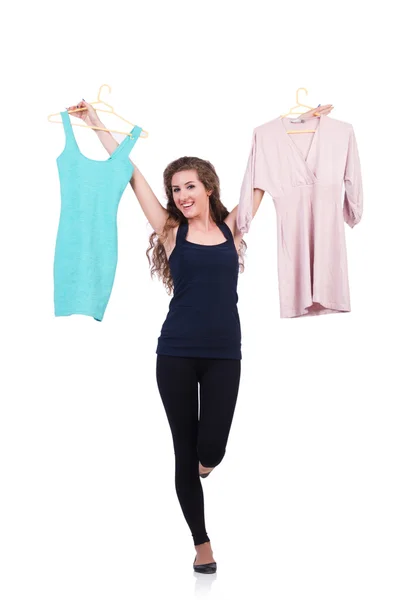 Woman trying new clothing on white — Stock Photo, Image