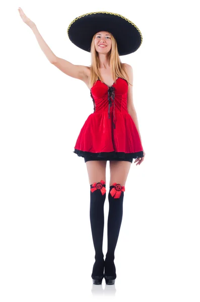 Model in red dress wearing sombrero — Stock Photo, Image