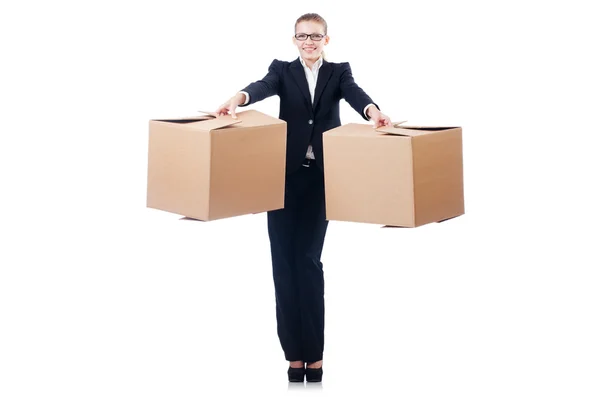 Businesswoman with boxes — Stock Photo, Image