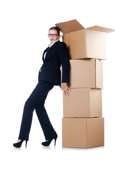 Businesswoman with boxes — Stock Photo, Image