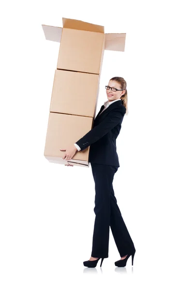 Businesswoman with boxes — Stock Photo, Image