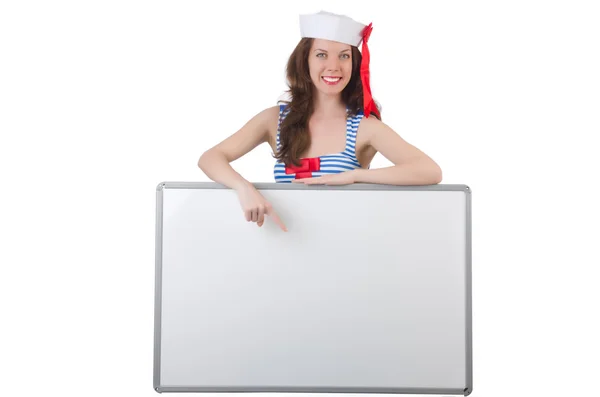 Young woman with blank board on white — Stock Photo, Image