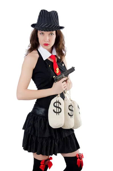 Donna gangster con pistola e denaro — Foto Stock