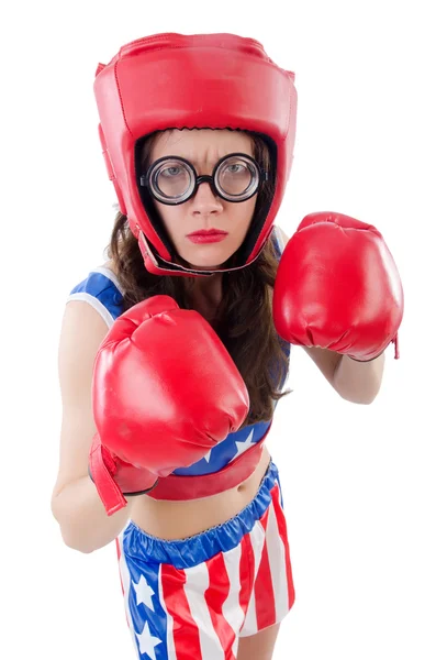 Grappige vrouwelijke bokser geïsoleerd op wit — Stockfoto