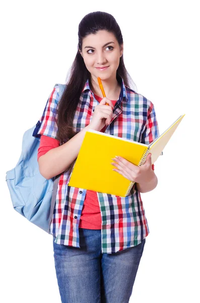 Junge Studentin mit Büchern auf weiß — Stockfoto