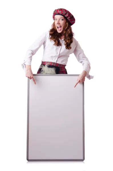 Mujer escocesa con tabla en blanco — Foto de Stock