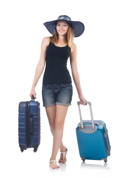 白いスーツケースを着た女の子 — ストック写真