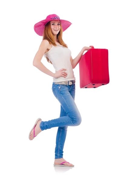 Girl with suitcases isolated on white — Stock Photo, Image