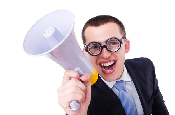 Funny man with loudspeaker on white — Stock Photo, Image