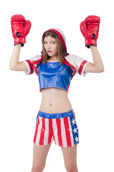 Žena boxer v uniformě se symboly USA — Stock fotografie