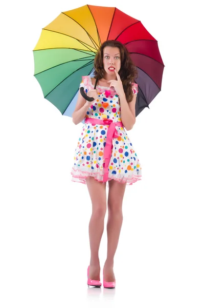Frau mit Regenschirm isoliert auf weißem Grund — Stockfoto