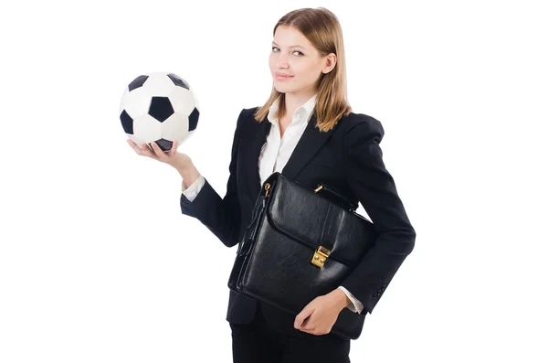 Podnikatelka s fotbalem na bílém — Stock fotografie