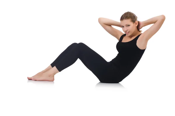 Young woman doing exercises on white — Stock Photo, Image