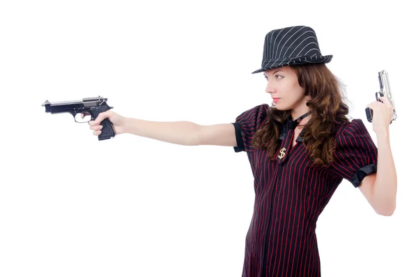 Junge Frau Gangster mit Waffe auf weiß — Stockfoto