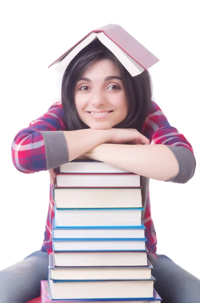 Mladá studentka s knihami na bílém — Stock fotografie