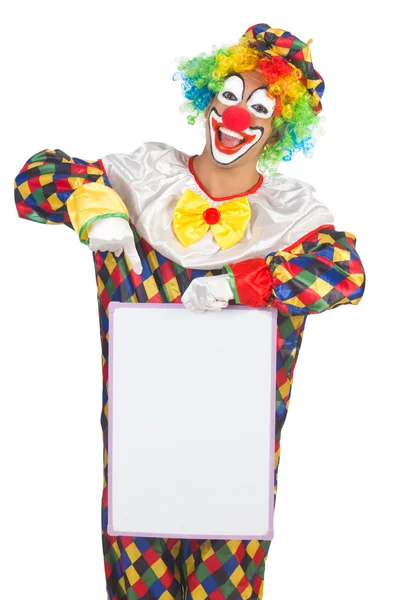 Clown with blank board on white — Stock Photo, Image