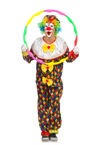 Clown mit Hula-Hoop-Reifen isoliert auf weiß — Stockfoto