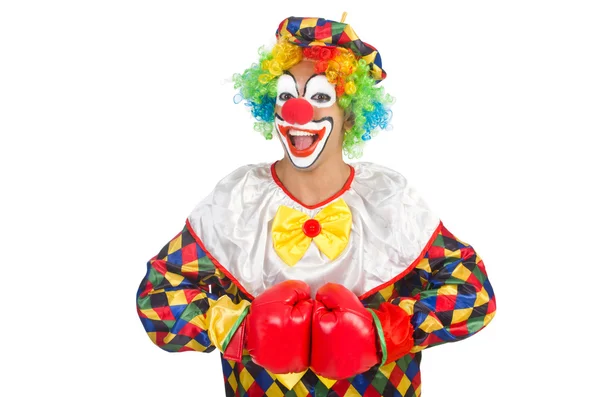 Clown avec gants de boxe isolés sur blanc — Photo