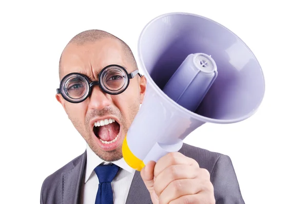 Funny man with loudspeaker on white — Stock Photo, Image