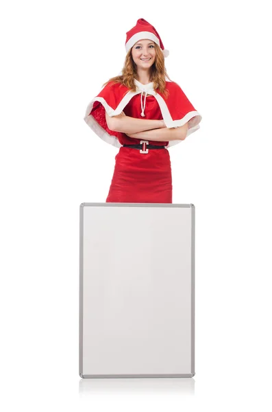 Νεαρή γυναίκα με κόκκινη στολή Σάντα με λευκό πίνακα — Φωτογραφία Αρχείου