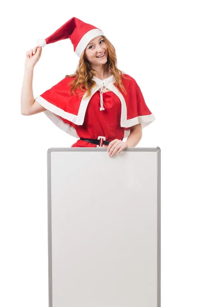 Jovem no traje vermelho do Papai Noel com placa em branco — Fotografia de Stock